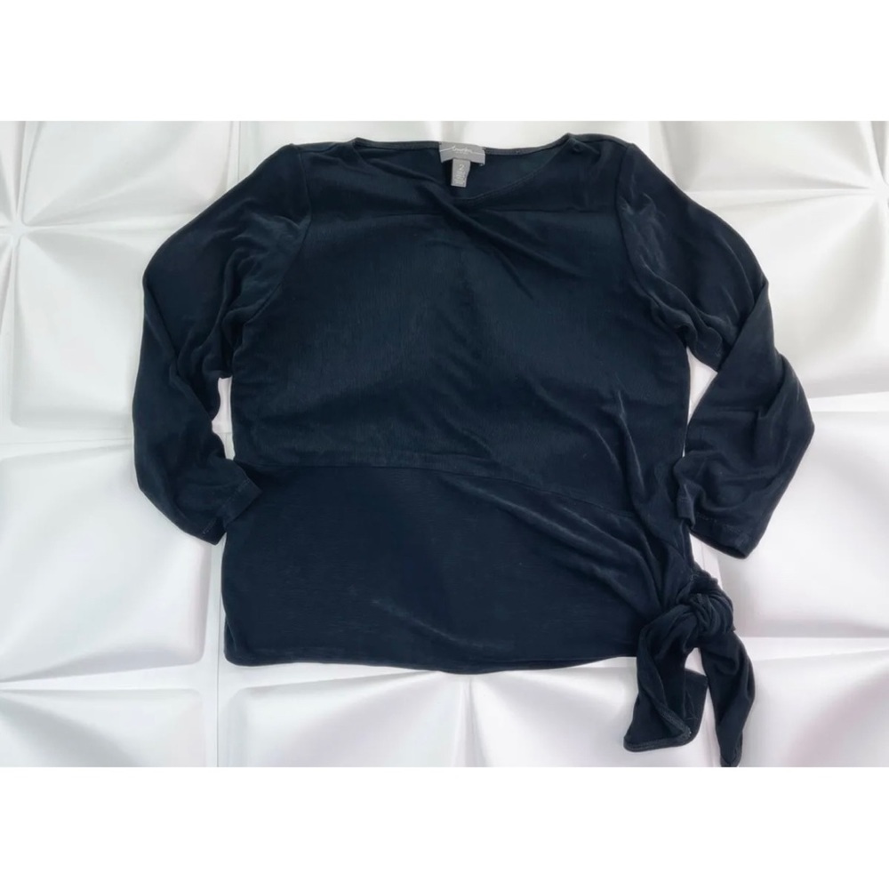 Chico's Travelers 2 Sz L Womens Black Slinky Acetate Side Tie Top Blouse
